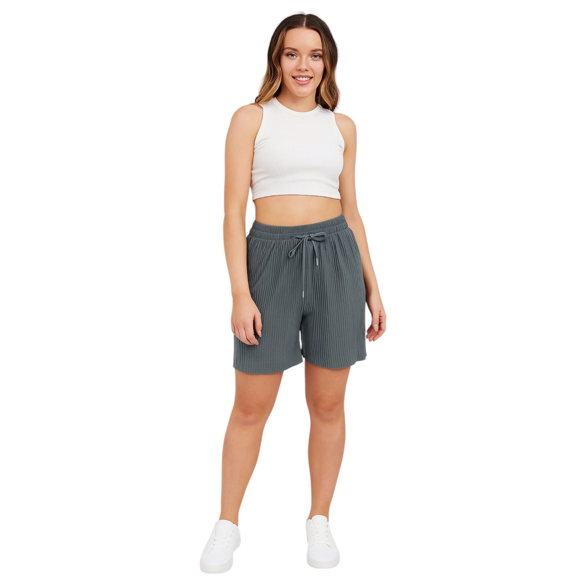 Women's pleated lounge shorts in grey with drawstring waist – soft casual summer shorts